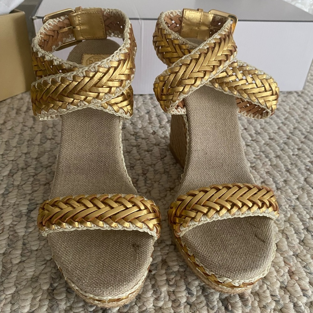 Tory Burch gold braided wedges